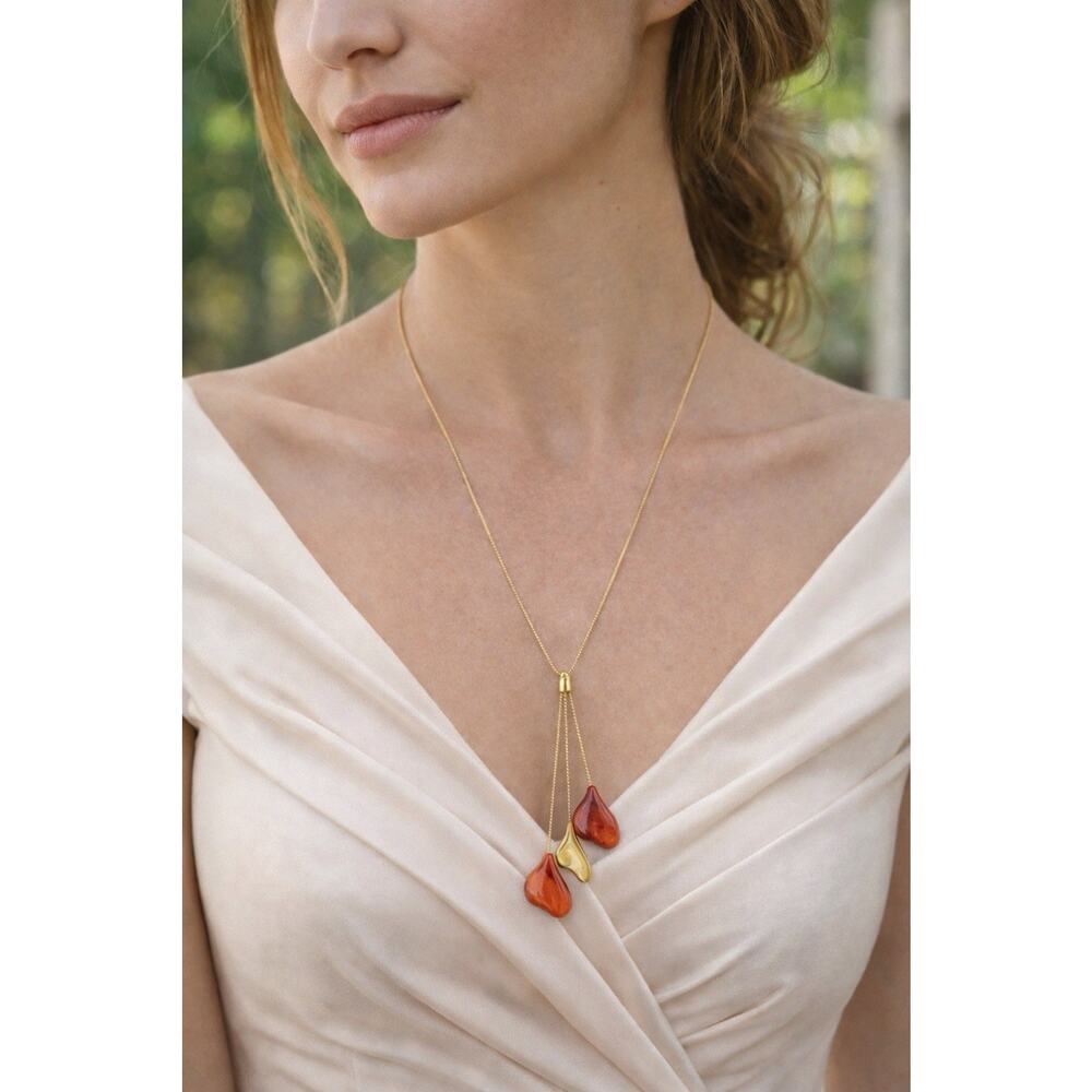 Vintage Trifari Gold Tone Lariat Necklace Red Lucite Drop Pendant Signed 90s Y2k